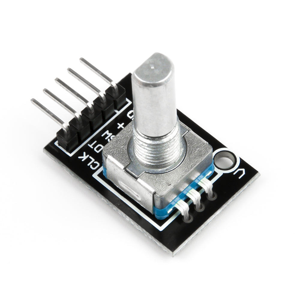 KY-040 rotary encoder module for Arduino with metal shaft and pin headers on black PCB