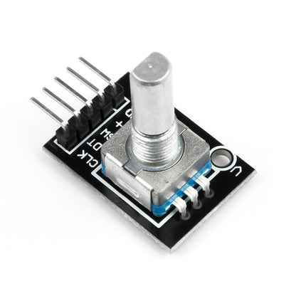 KY-040 rotary encoder module for Arduino with metal shaft and pin headers on black PCB