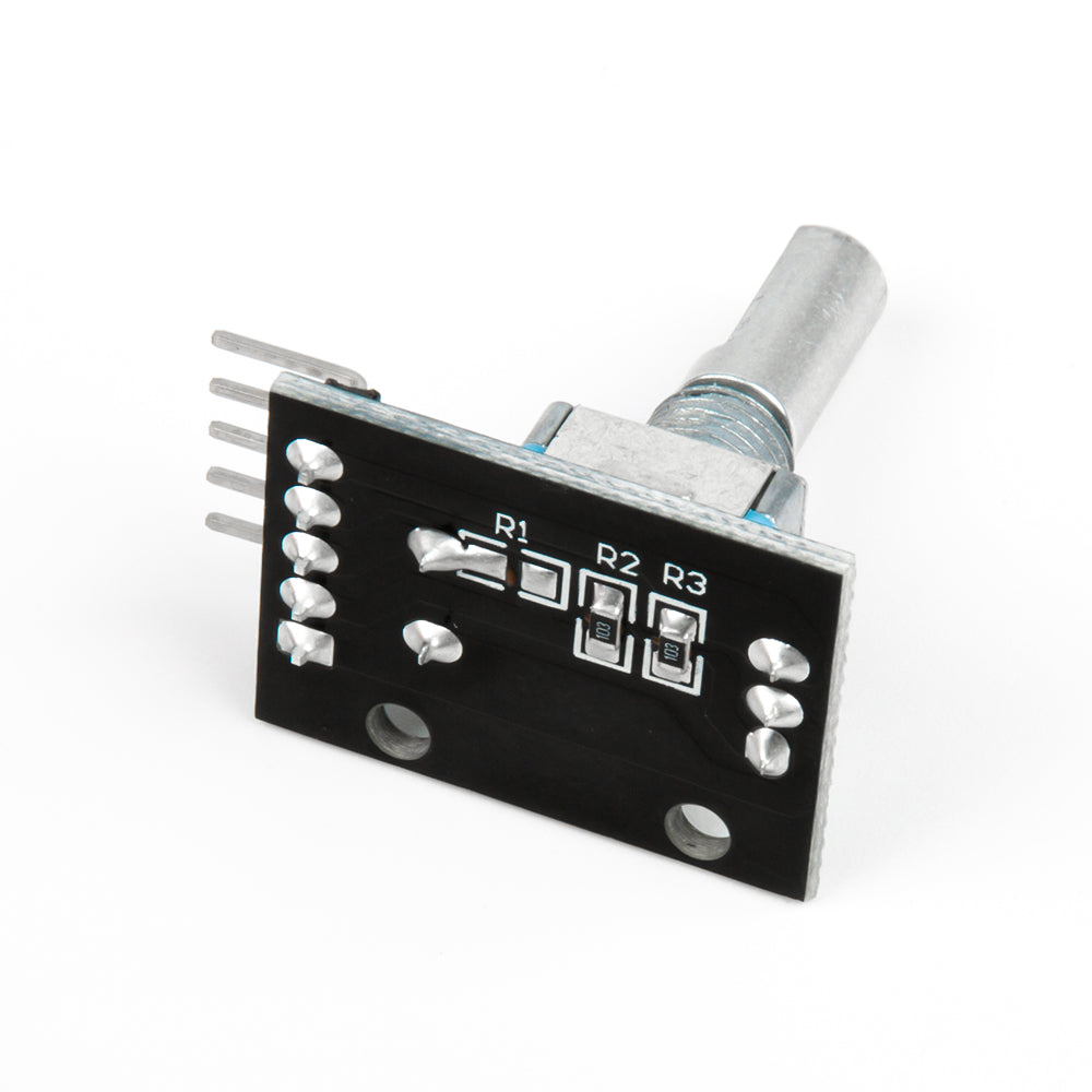 Back view of KY-040 rotary encoder module showing soldered pins and resistors on black PCB