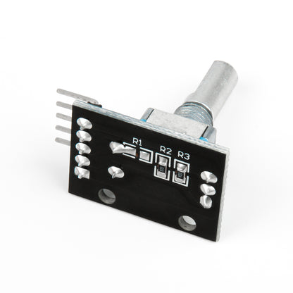 Back view of KY-040 rotary encoder module showing soldered pins and resistors on black PCB