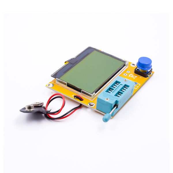 LCR-T4 transistor tester with large LCD screen, blue test socket, and battery clip for electronics testing