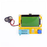 LCR-T4 transistor tester with LCD screen, blue test socket, and 9V battery clip on white background