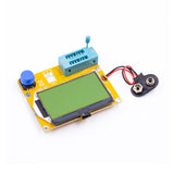 LCR-T4 transistor tester with LCD screen, blue test socket, push button, and 9V battery clip