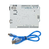 Backside of Leonardo R3 ATmega32U4 development board with included blue USB cable