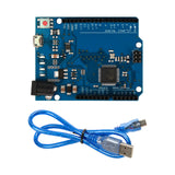 Leonardo R3 ATmega32U4 Arduino development board with USB cable showing top side and pin labels