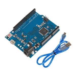 Leonardo R3 ATmega32U4 Arduino development board with included blue USB cable for programming and power