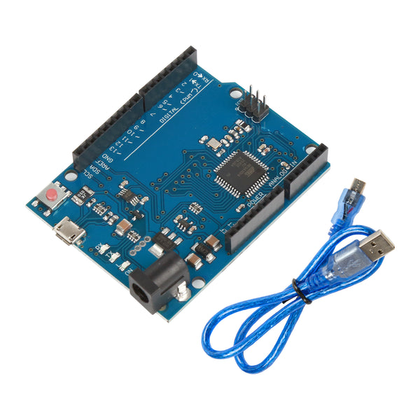 Leonardo R3 ATmega32U4 Arduino development board with included blue USB cable for programming and power
