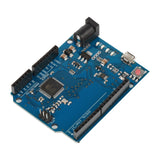Leonardo R3 ATmega32U4 Arduino development board showing power jack and micro USB port