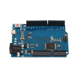 Leonardo R3 ATmega32U4 Arduino development board showing USB port, reset button, and digital pin headers