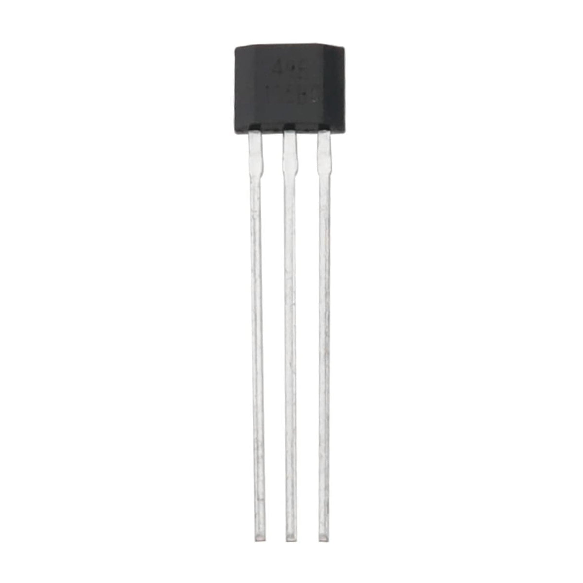 One 49E linear Hall effect magnetic sensor with three complete metal leads on a white background.