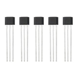 Five 49E linear Hall effect magnetic sensors, each with three complete metal leads, on a white background.