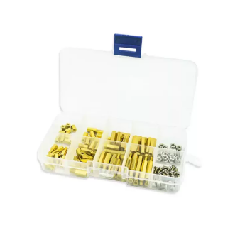 120PCS M3 hexagon copper pillar screw kit with nuts and washers in a clear plastic organizer box