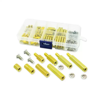 120PCS M3 hexagon copper pillar screw kit with nuts and screws in a plastic organizer box