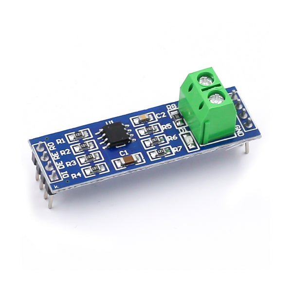 MAX485 TTL to RS485 converter module with green terminal block and blue PCB for Arduino ESP32 STM32 Raspberry Pi