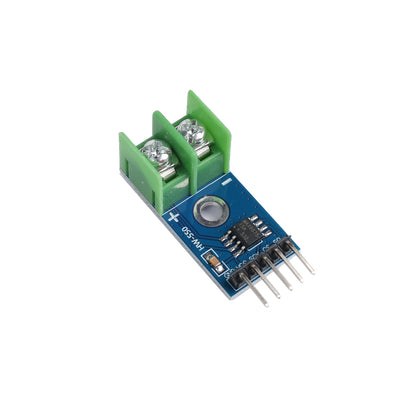 MAX6675 thermocouple module closeup showing green terminal block and MAX6675 chip on blue PCB