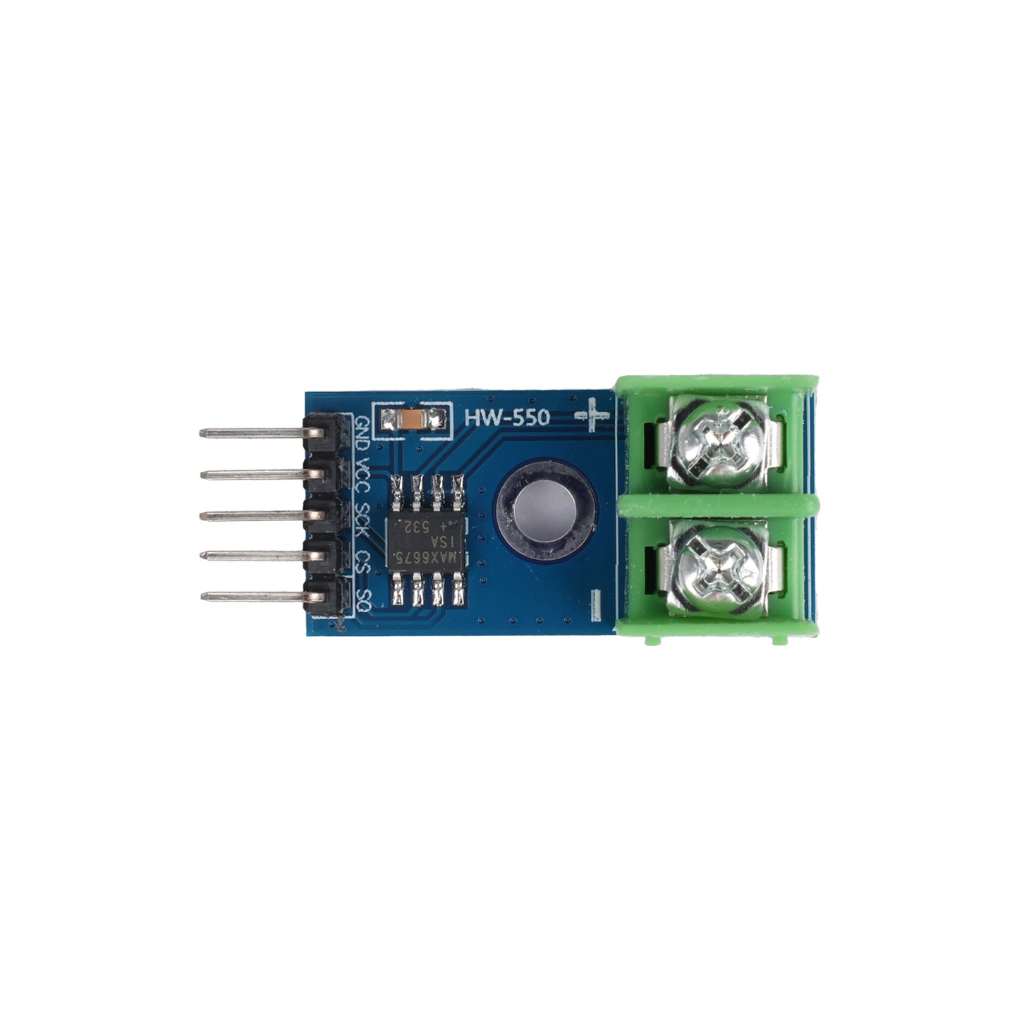 MAX6675 thermocouple module with K-type sensor connector and 5-pin header for Arduino projects