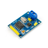 MCP2515 CAN Bus Module with TJA1050 SPI interface showing chip, pins, and blue terminal block