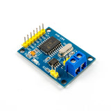 MCP2515 CAN Bus Module with TJA1050 SPI interface showing chip, pins, and blue terminal block