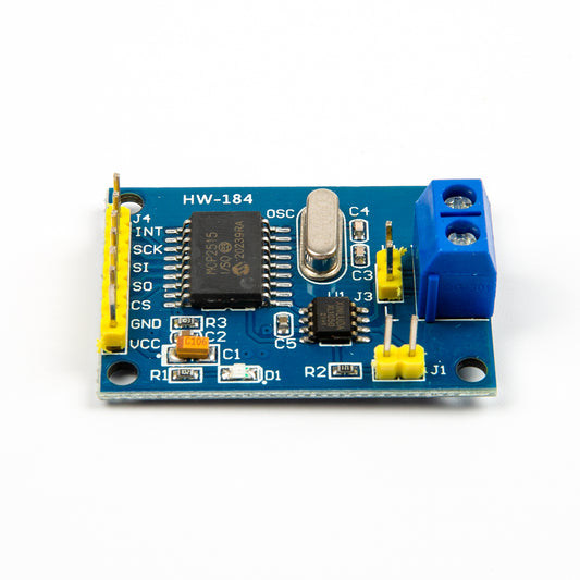 MCP2515 CAN Bus Module with TJA1050 SPI interface showing chip, pins, and blue terminal block