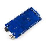 Back side of MEGA 2560 R3 CH340 Arduino development board showing blue PCB and solder points