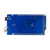 Back side view of MEGA 2560 R3 CH340 Arduino development board showing blue PCB and solder points