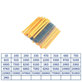 Set of 820 metal film resistors with 41 different values ranging from 1 ohm to 1 megaohm