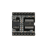 Close-up view of the MP3-TF-16P mini MP3 player module showing integrated circuits and soldered components
