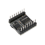 Close-up of MP3-TF-16P mini MP3 player module showing pins and integrated circuits for Arduino and Raspberry Pi