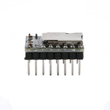 MP3-TF-16P mini MP3 player module showing TF card slot and pin headers for Arduino and Raspberry Pi