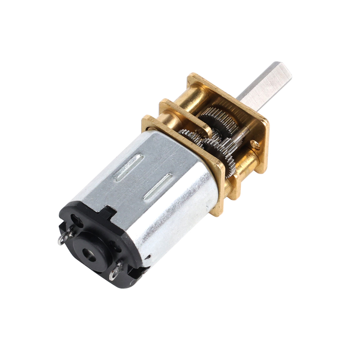 N20 micro metal gear motor with visible brass gears and silver motor casing for robotics and DIY projects