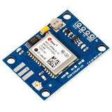 NEO-M8N GPS module with battery and antenna connector showing top view and pin labels for Arduino and ESP32