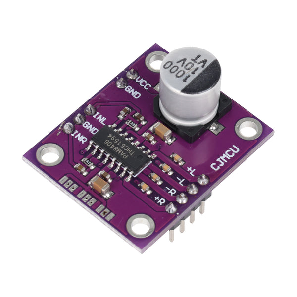 PAM8406 stereo class-D audio amplifier module with capacitor and labeled pins for Arduino and ESP32