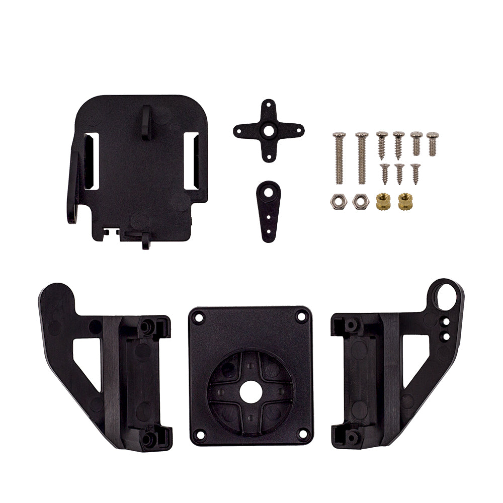 Pan-tilt servo bracket kit components including black plastic mounts, servo arms, screws, nuts, and brass inserts for SG90 and MG90S servos