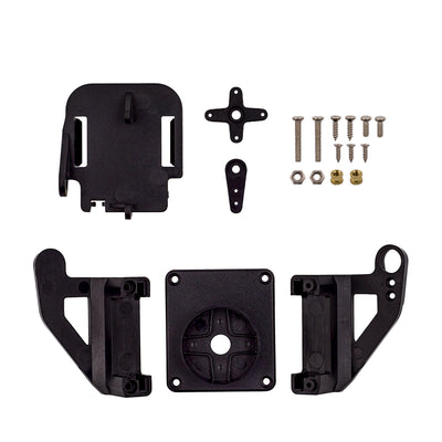 Pan-tilt servo bracket kit components including black plastic mounts, servo arms, screws, nuts, and brass inserts for SG90 and MG90S servos