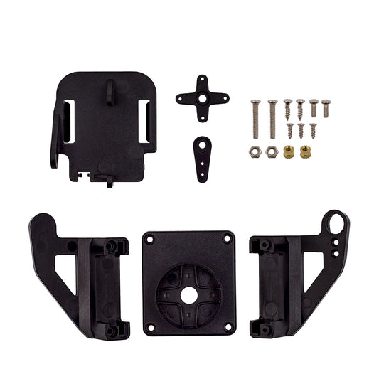 Pan-tilt servo bracket kit components including black plastic mounts, servo arms, screws, nuts, and brass inserts for SG90 and MG90S servos