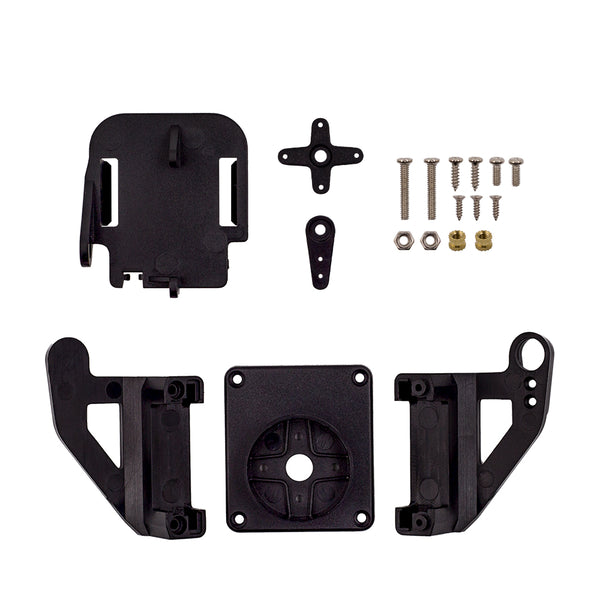 Pan-tilt servo bracket kit components including black plastic mounts, servo arms, screws, nuts, and brass inserts for SG90 and MG90S servos