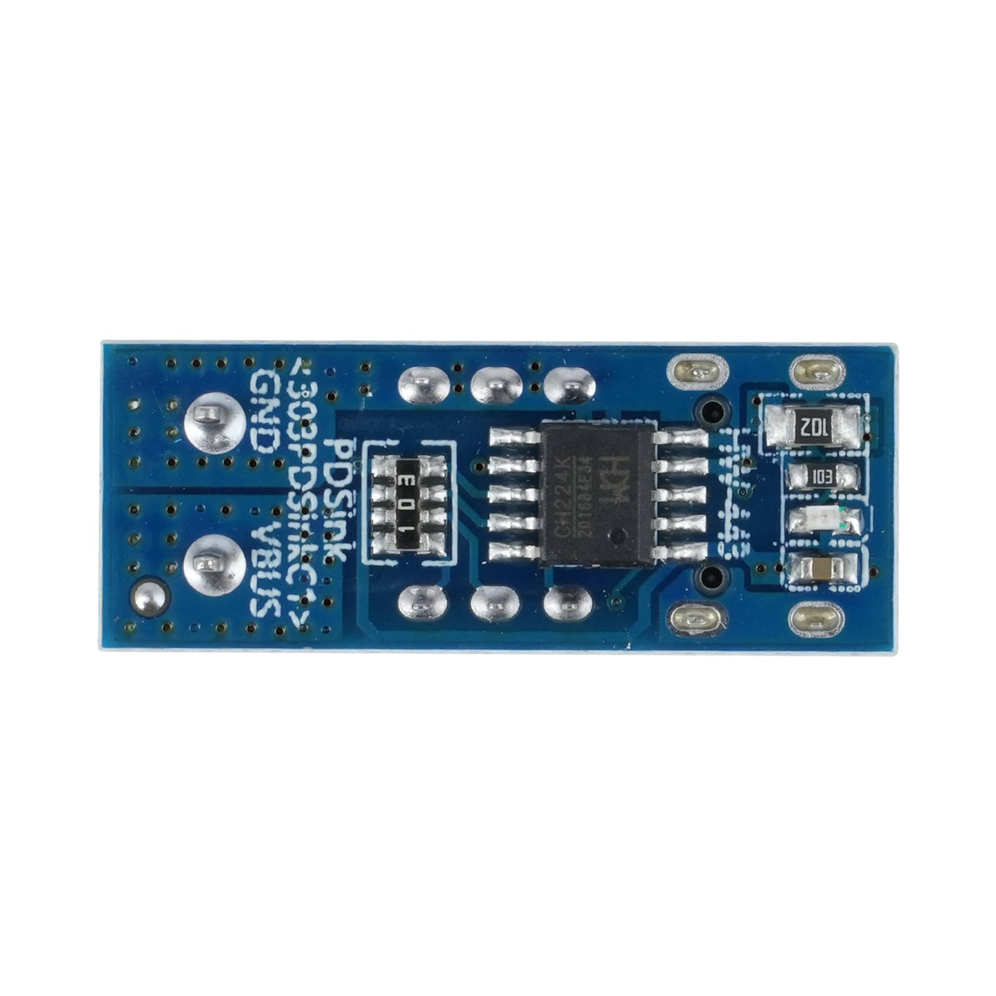 Back side of PDSink PD Decoy Fast Charging Test Board showing solder joints and electronic components