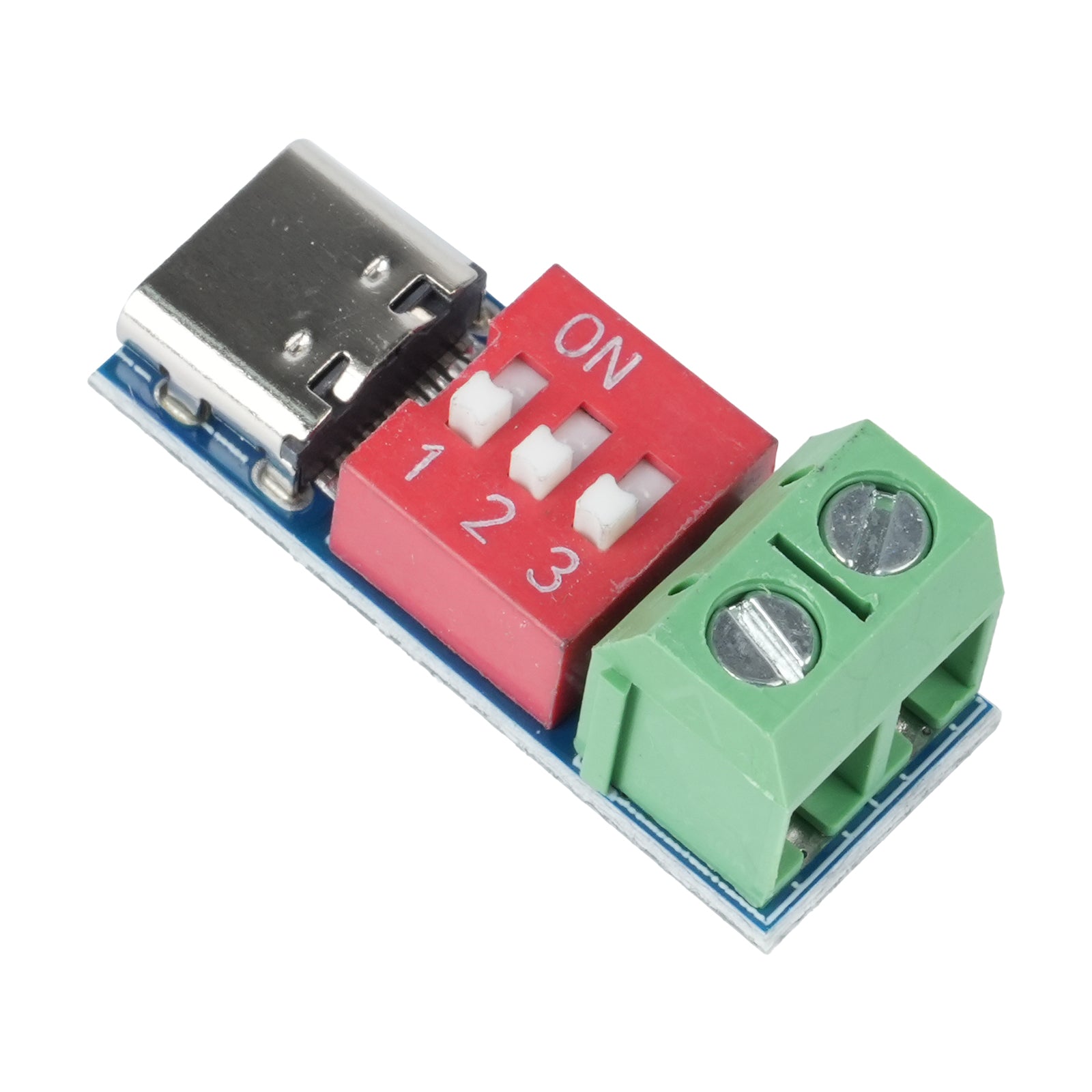 PDSink PD Decoy fast charging test board with USB-C connector, red 3-position DIP switch, and green terminal block