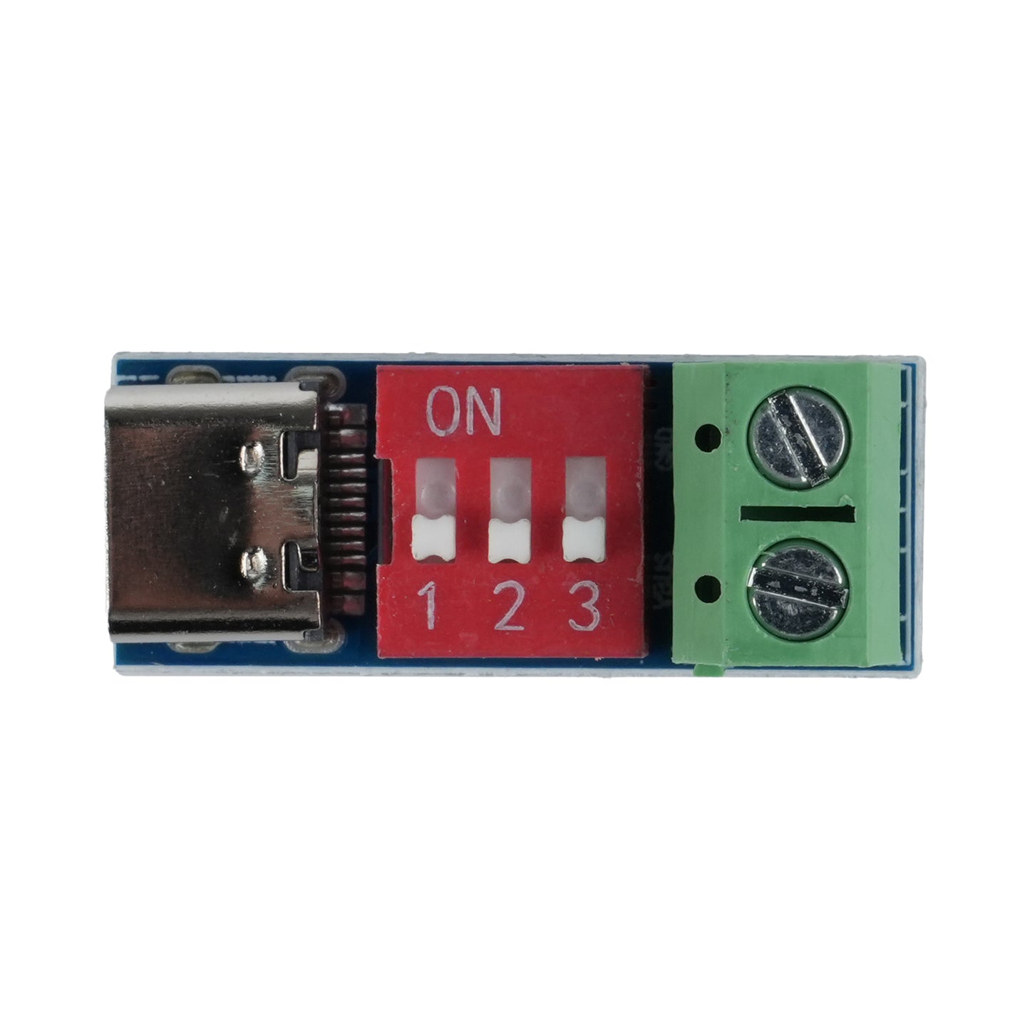 PDSink PD Decoy fast charging test board showing USB-C port, red DIP switch, and green terminal block