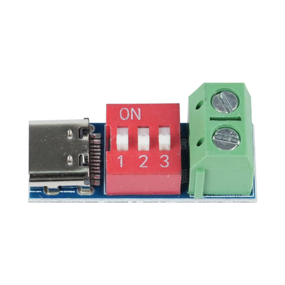 PDSink PD Decoy Fast Charging Test Board showing USB-C port, red DIP switch, and green terminal block
