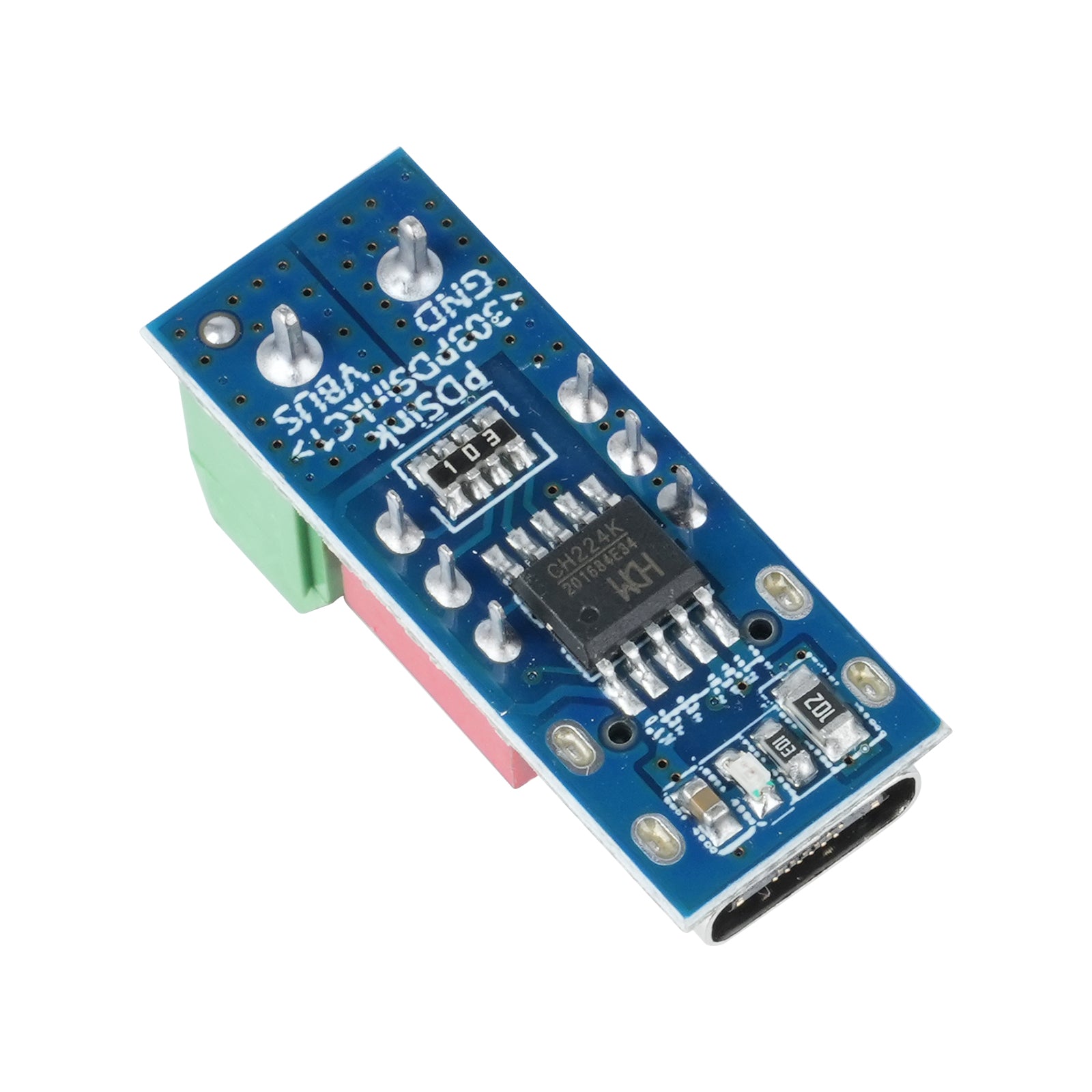 Close-up top view of PDSink PD Decoy fast charging test board showing chip and soldered pins