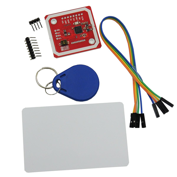 PN532 NFC RFID Reader Writer Module V3 with key fob, card, jumper wires, and pin headers