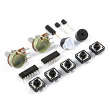 Various electronic components including potentiometers, transistors, push buttons, buzzer, and integrated circuits for Arduino projects
