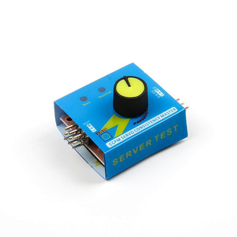 Compact blue RC servo tester and CCPM consistency checker with yellow adjustment knob and multiple pin connectors