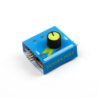 Compact blue RC servo tester and CCPM consistency checker with yellow adjustment knob and multiple pin connectors