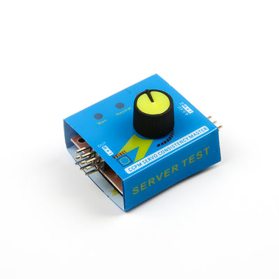 Compact blue RC servo tester and CCPM consistency checker with yellow adjustment knob and multiple pin connectors