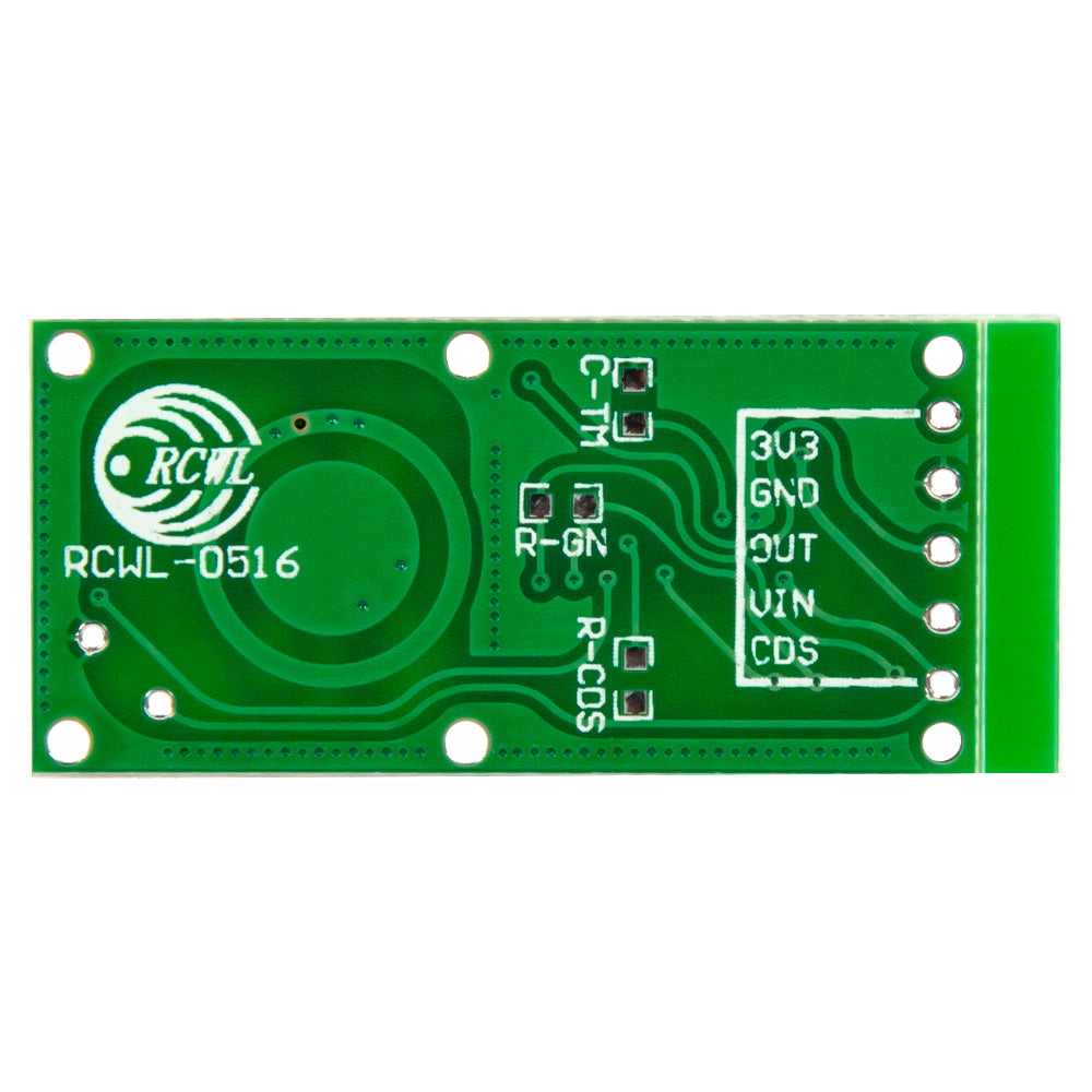 Back side of RCWL-0516 microwave doppler radar motion sensor module showing circuit traces and pin labels