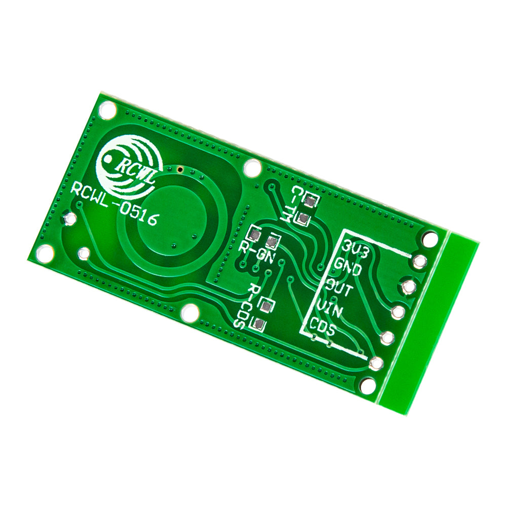 Back side of RCWL-0516 microwave doppler radar motion sensor module showing circuit traces and pin labels
