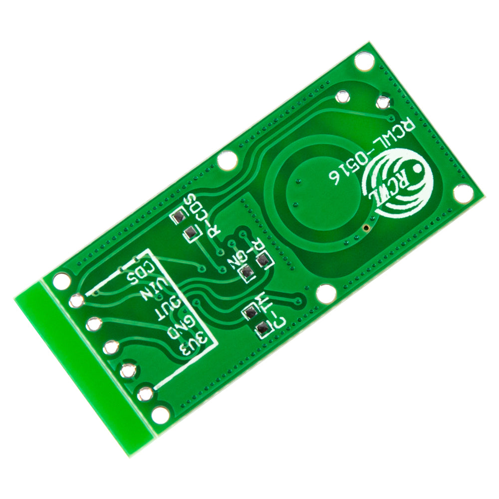 Back side of RCWL-0516 microwave Doppler radar motion sensor module showing circuit traces and connection points