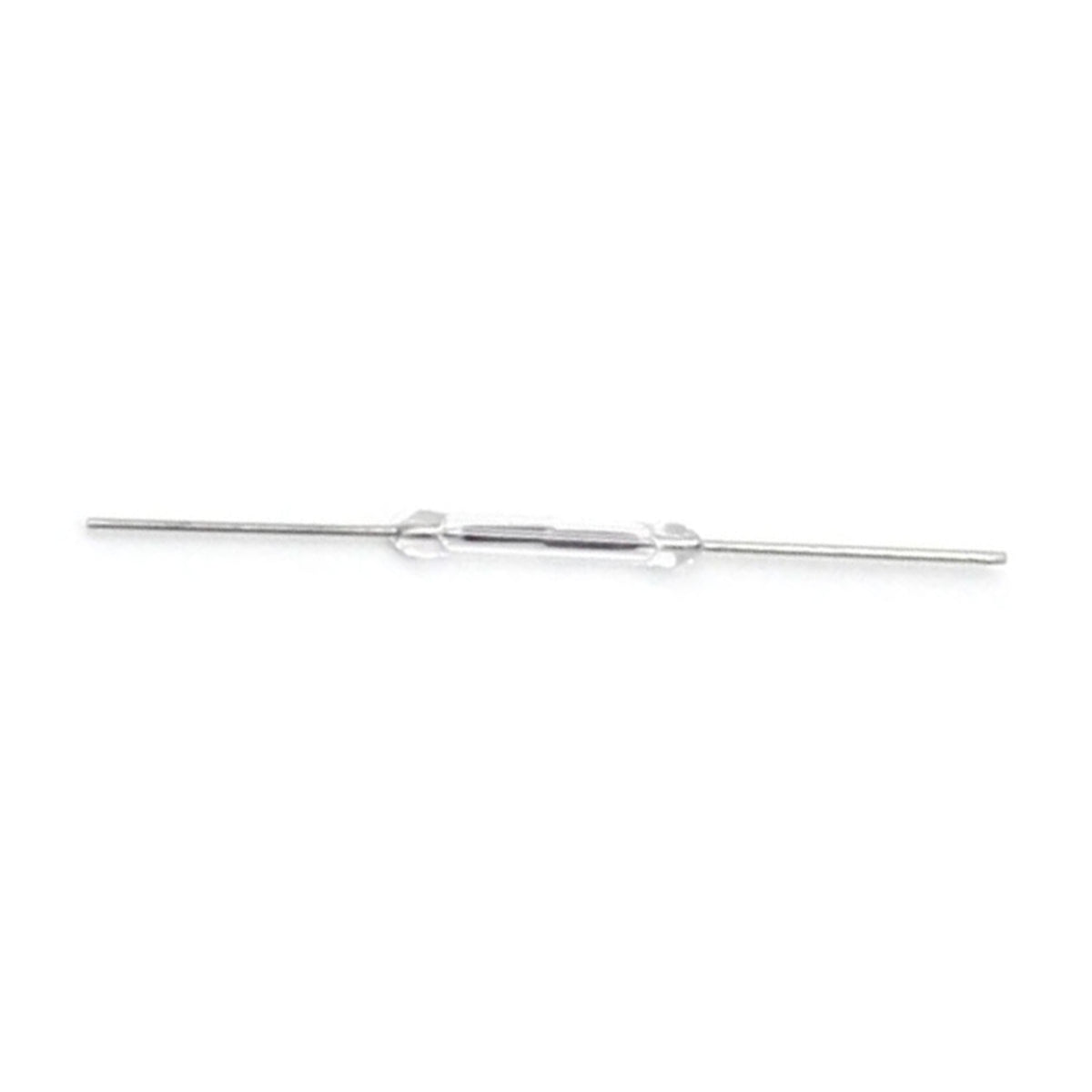 One normally open reed switch with its glass capsule and two complete metal leads on a white background.